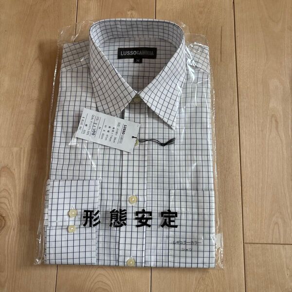LUSSO CAMICIA 形態安定 長袖 ワイシャツ チェック Mサイズ 白色