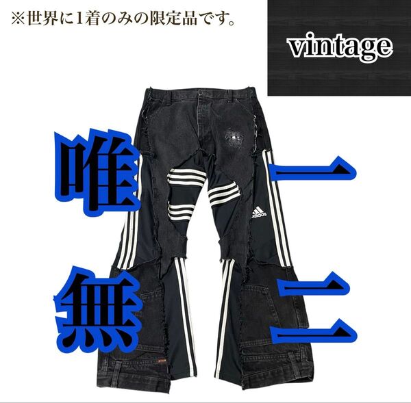 【vintage】ダメージデニムラインフレアパンツ リメイク品 一点物 y2k