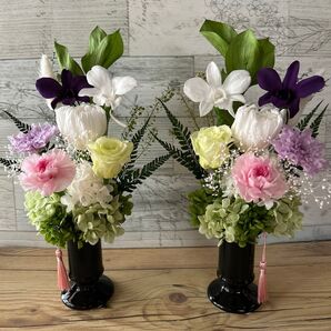 プリザーブドフラワー仏花1対 ホワイトパープル系 花器付き 枯れない花