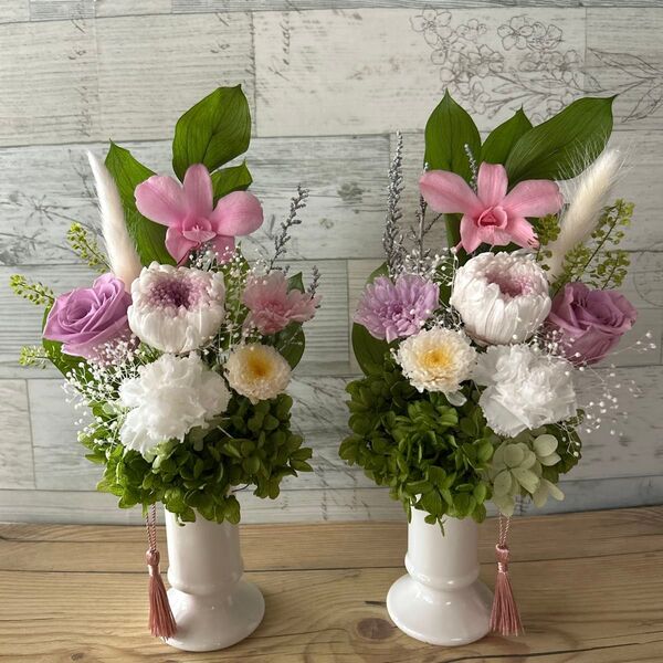 プリザーブドフラワー仏花1対 ピンクスイートパープル系 花器付き 枯れない花