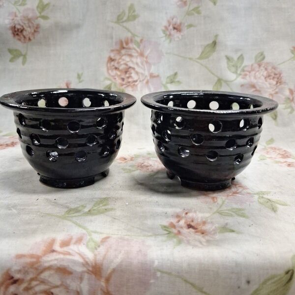 黒の陶器製植木鉢2個セット 蘭鉢 陶器 陶芸 盆栽 園芸 鉢356