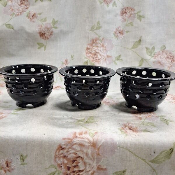黒の陶器製植木鉢3個セット 蘭鉢 陶器 陶芸 盆栽 園芸 鉢357