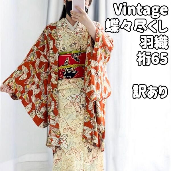 アンティーク正絹着物 蝶々尽くし羽織 落ち着いたカラフル胡蝶 昭和美品 裄65 希少時代物