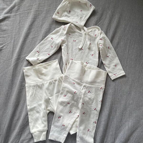 【水通しのみ】H&M 長袖ロンパース ボンネット ロングパンツ×2 計4点おまとめ さくらんぼ柄 女の子 ベビー服