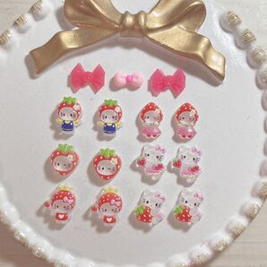 キティちゃん 赤 ピンク いちご ネイルパーツ 12個セット(3個パーツおまけ)