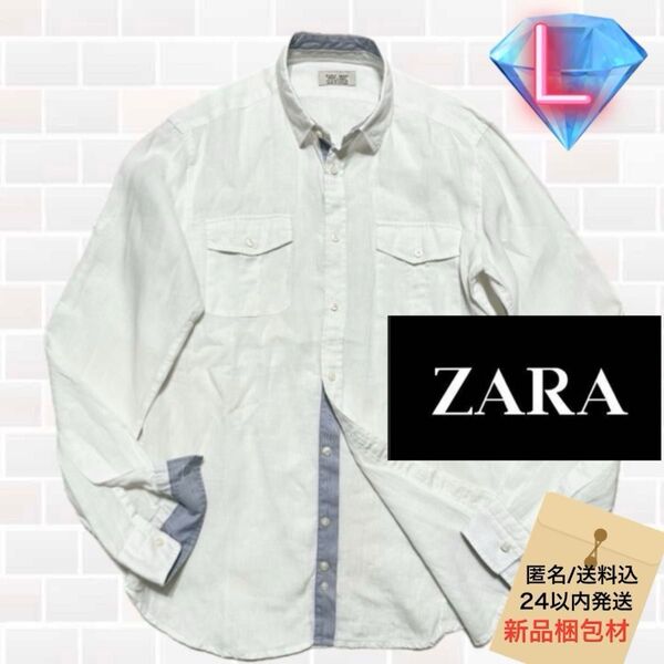 ZARA リネン100 薄手ワークシャツ 2WAY 襟袖別布