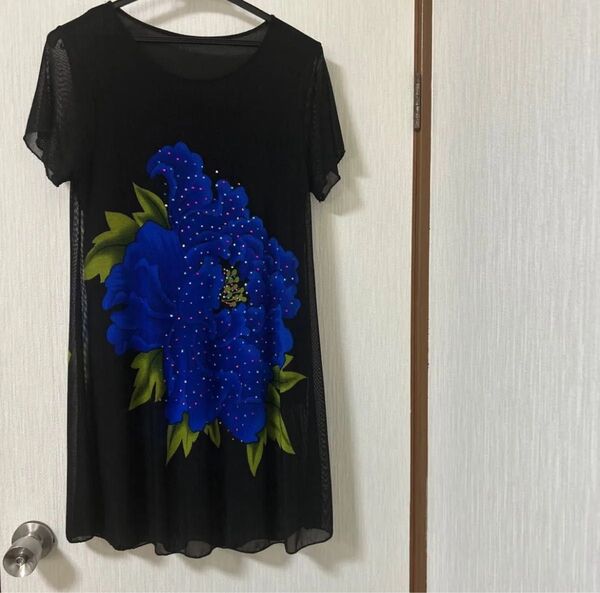 パワーネット 大花柄ラインストーン付ワンピース チュニック カットソー tシャツ トップス F