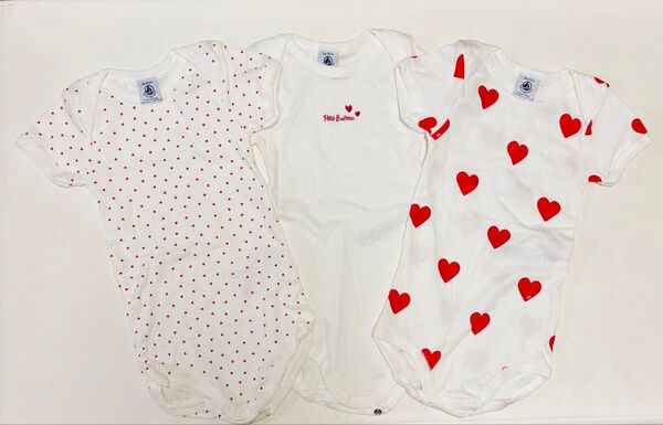 プチバトー ロンパース 半袖ボディ PETIT BATEAU ハートプリント 半袖ロンパース