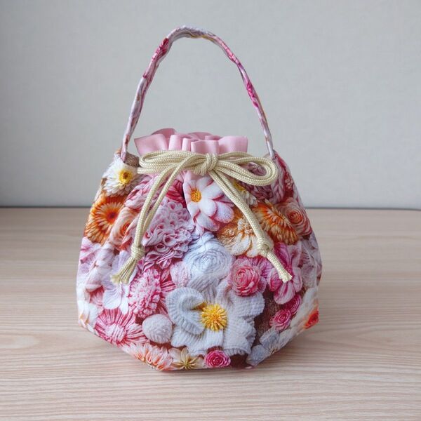 立体刺繍プリント(ピンク) おくたごんきんちゃく保温保冷おにぎりポーチおにぎり巾着