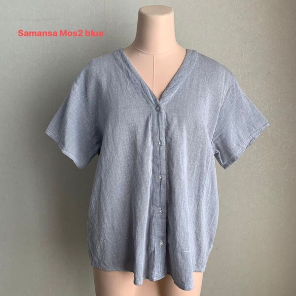 Samansa Mos2 blue Vカット 半袖 プルオーバーブラウス