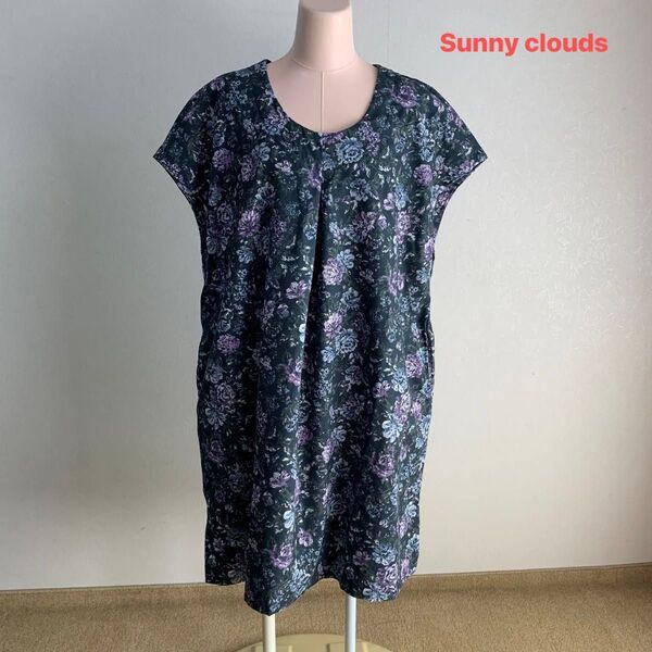Sunny clouds サニークラウズ 花柄 バックリボン フレンチスリーブ チュニック ワンピース L