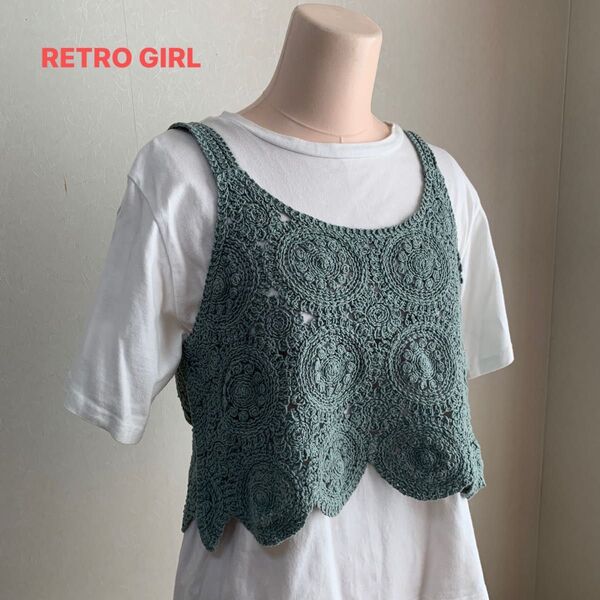 RETRO GIRL くすみグリーン レース ビスチェ ニットベスト F