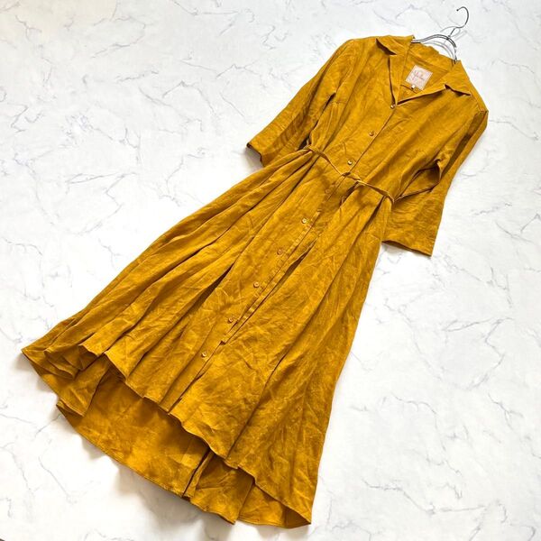 【美品】 シビラ リネン シャツワンピース ロング丈 麻 ウエストリボン