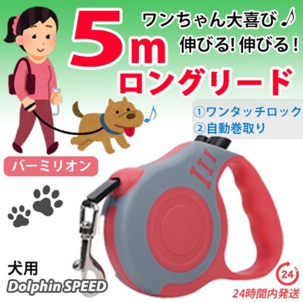 犬用 ロングリード 5m【 バーミリオン 】自動巻き取り伸縮リード 長い 軽い お散歩 ♪