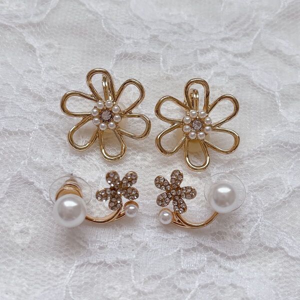 ゴールド お花 パール イヤリング ピアス アクセサリー セット 華やか レディース 金