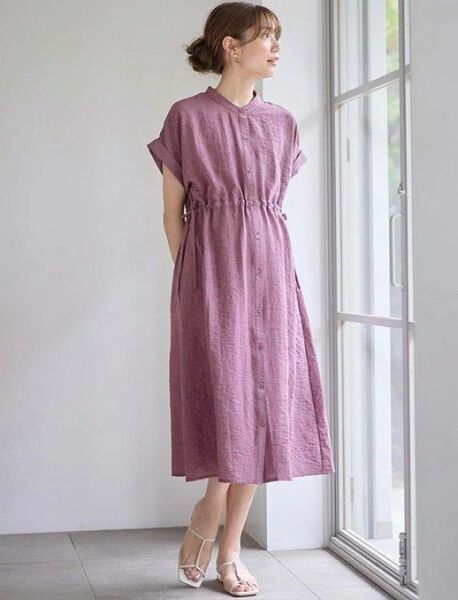 マタニティ ワンピース 半袖 前開き 授乳服 Rosemadameリネン風 ドロスト ワンピース パープル