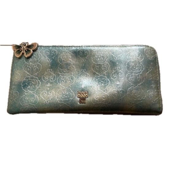 【中古】ANNA SUI 長財布 エメラルドグリーン ローズハート レザー アナスイ L字ファスナー 蝶 箱付き