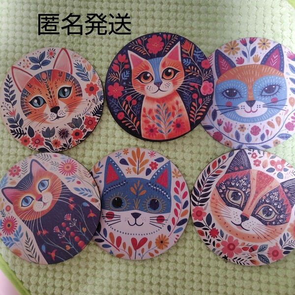 (木製)猫柄コースター6枚組