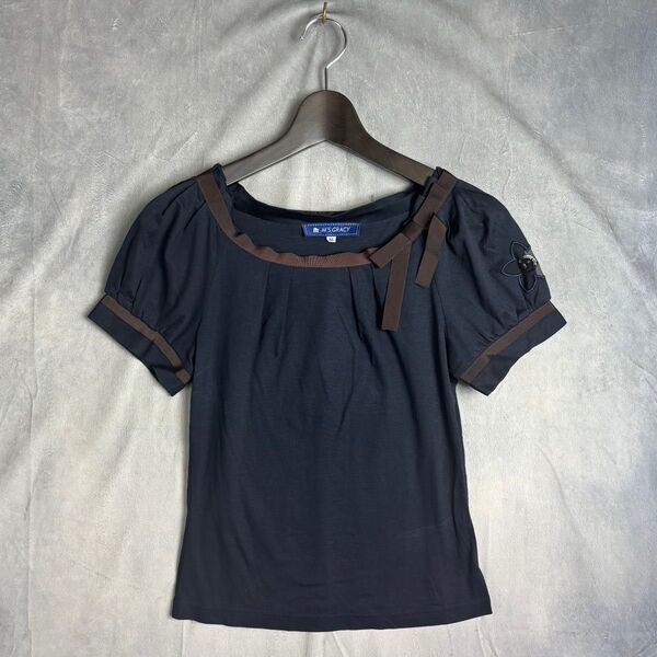 a63【エムズグレイシー】【リボン】M's Gracy Tシャツ 38 ネイビー 半袖カットソー 人気