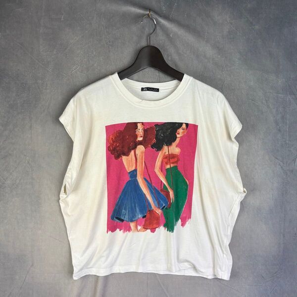 a22【ZARA】【ノースリーブ】【レディース】ザラ プリントノースリーブT L Tシャツ ホワイト