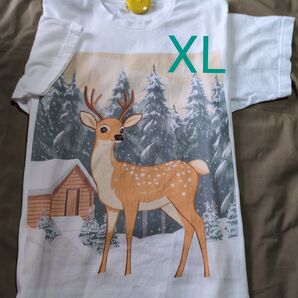 鹿柄Tシャツ 雪景色 白