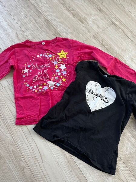 女の子 長袖Tシャツ 2枚セット 130cm ピンク 黒 星柄 ハート柄