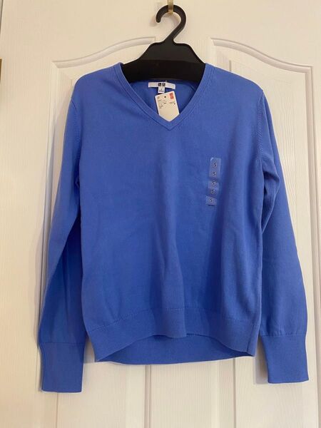 ウォッシャブル コットン Vネック セーター ユニクロ UNIQLO Sサイズ ブルー 綿100 新品