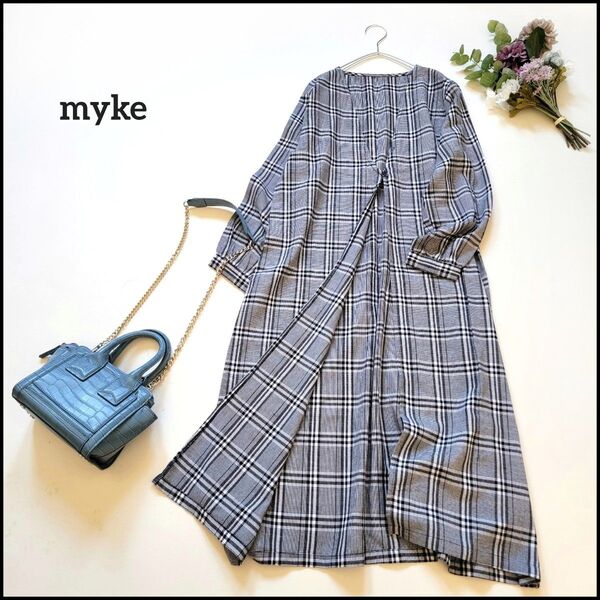 【値段交渉お気軽に♪】myke/ミーカ●新品未使用タグ付き♪グレンチェック柄ロング丈シャツカーディガン 羽織り ゆったり ガウン