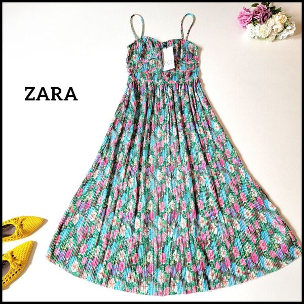 【値段交渉お気軽に♪】ZARA/ザラ●新品未使用タグ付き♪花柄プリーツロング丈キャミドレスワンピース ロング丈 南国 リゾート