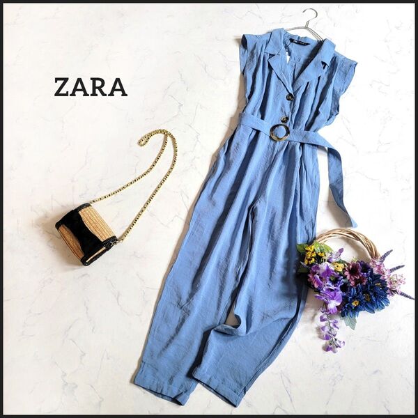【値段交渉お気軽に♪】ZARA/ザラ●新品未使用タグ付き♪べっ甲ベルト付きトレンチ風オールインワン/M サロペット 美脚 水色