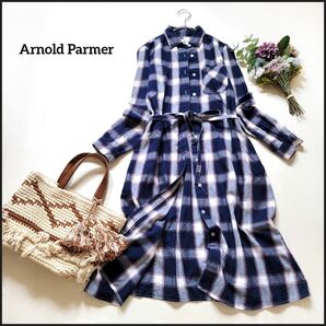 【値段交渉お気軽に♪】アーノルドパーマー●傘刺繍入り♪チェック柄リボンベルト付きロング丈ワンピース 羽織り 2way 美品 洗える