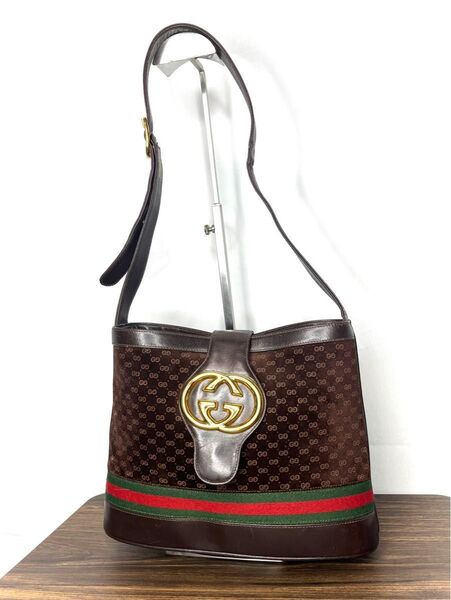 ☆レアデザイン★ GUCCI グッチ インターロッキング シェリーライン ショルダーバッグ 茶 スエード 本革レザー オールド 鞄