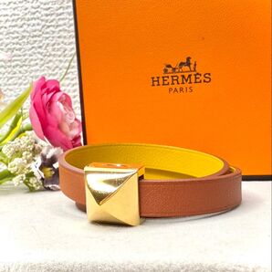 美品★ HERMES エルメス ブレスレット メドール アンフィニ クルーテドゥブルトゥール 本革レザー キャメル 箱あり 保存袋