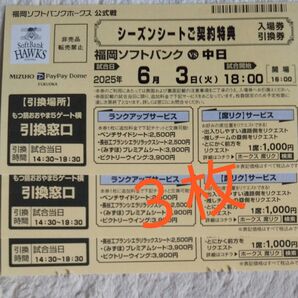 6月3日(火) 福岡ソフトバンクホークス vs中日ドラゴンズ 入場券引換券 3枚