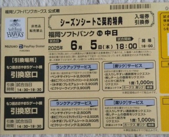 6月5日(木) 福岡ソフトバンクホークス vs 中日ドラゴンズ 公式戦 入場無料引換券 ×2枚