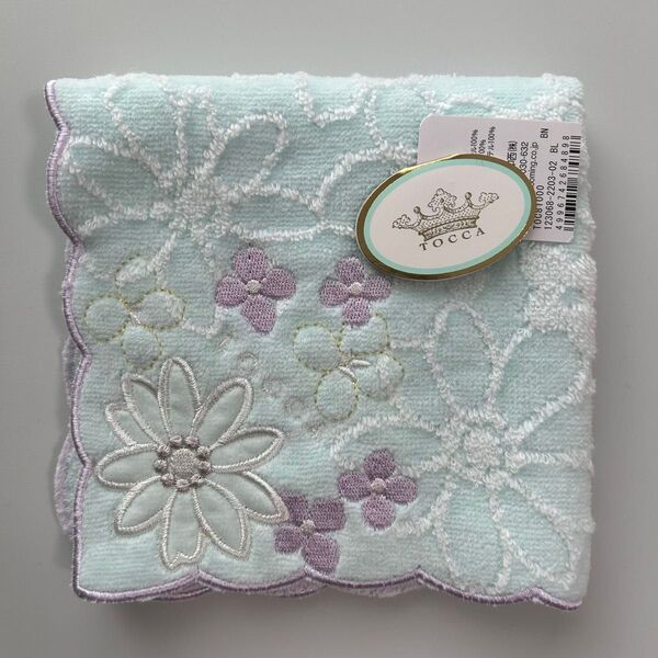 新品 トッカ TOCCA タオルハンカチ ハンドタオル 刺繍 ロゴ マーガレット 花柄 総柄 水色