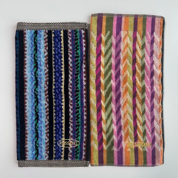 新品2枚 ミッソーニ MISSONI タオルハンカチ ハンドタオル ロゴ 刺繍 マルチカラー ストライプ