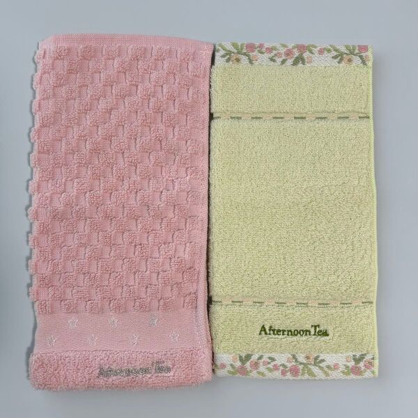 新品2枚 アフタヌーンティー AfternoonTea タオルハンカチ ハンドタオル 刺繍 ロゴ 星 スター 花柄 抹茶 ピンク