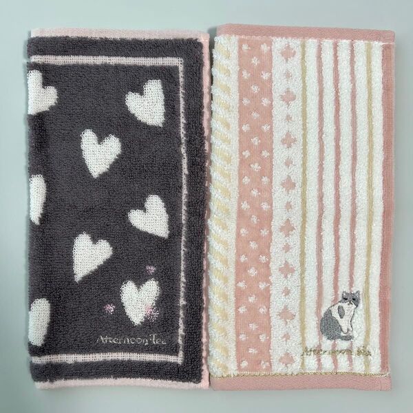 新品2枚 アフタヌーンティー AfternoonTea タオルハンカチ ハンドタオル 刺繍 ロゴ ハート 猫 ネコ ねこ