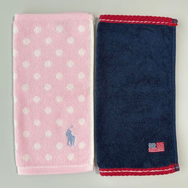 新品&中古品2枚セット ポロラルフローレン POLO RALPH LAUREN タオルハンカチ ハンドタオル ピンク ドット