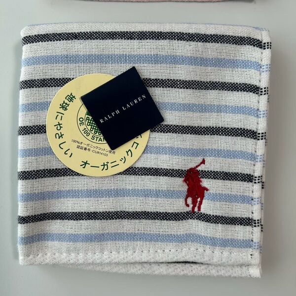 新品 ラルフローレン RALPH LAUREN タオルハンカチ ハンドタオル 片面ガーゼ オーガニックコットン ボーダー ブルー