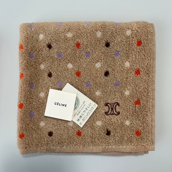 新品 セリーヌ CELINE 大判 タオルハンカチ ハンドタオル マカダム トリオンフ ロゴ 刺繍 裏ストライプ ドット