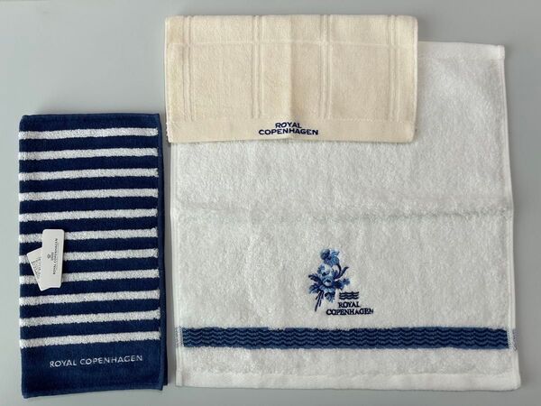 新品3枚 ロイヤルコペンハーゲン タオルハンカチ ハンドタオル ボーダー ホワイト ネイビー 刺繍 花柄