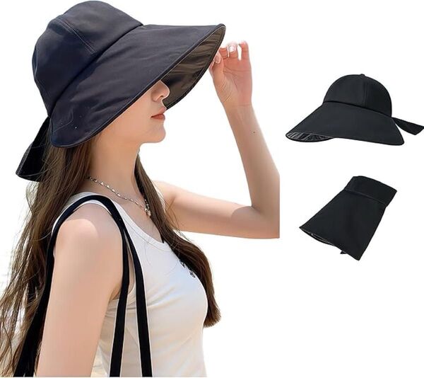 帽子 日焼け防止 レディース春夏用サンハット - 通気性良し・防紫外線 UPF50+ アウトドア・自転車・旅行に最適(ブラック)