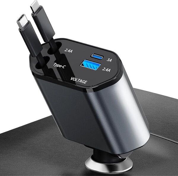 シガーソケット USB-C/USB 車載充電器 4in1USB充電器 巻き取り式充電ケーブル2本 電圧計を搭載 急速充電対応