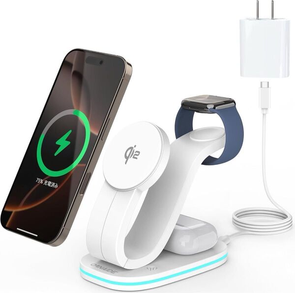 Qi2認証 ワイヤレス充電器 3 in 1 Mag-Safe式 急速充電 15W スマホ タブレット充電器