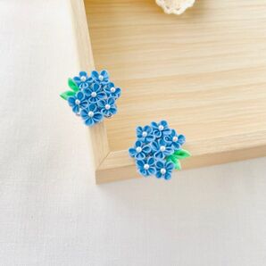 つまみ細工 紫陽花 青 ピアス イヤリング ハンドメイド no3