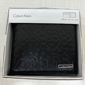 【新品未使用】カルバンクライン2折小銭入付財布74285BK billfrold with coin case 型押レザー 箱入