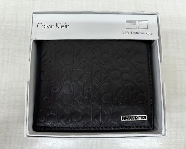 【新品未使用】カルバンクライン2折小銭入付財布74285BR billfrold with coin case 型押レザー 箱入