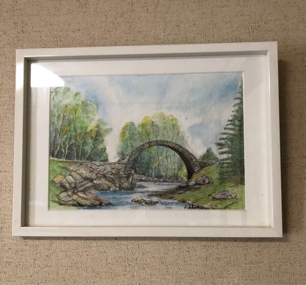 手描き 水彩画 石橋のある風景 額縁付き インテリア